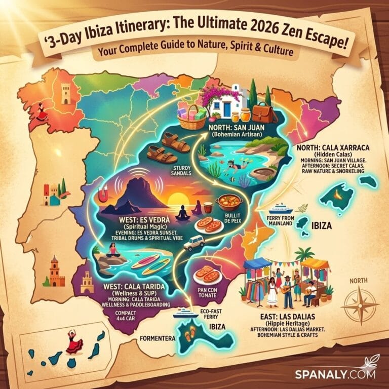 An epic infographic map of Ibiza for 2026, showing a 3-day itinerary with icons for Es Vedrà, Las Dalias market, and northern beaches on a colorful vibrant flat vector background.