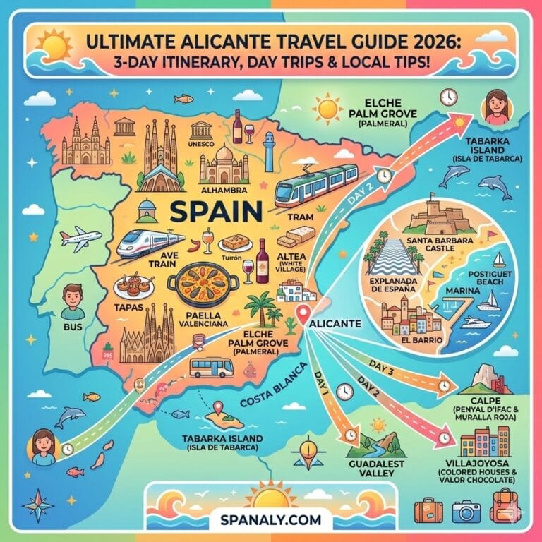 Epic infographic map of Spain highlighting Alicante 3-day itinerary, local landmarks like Santa Barbara Castle, and top day trips for 2026.