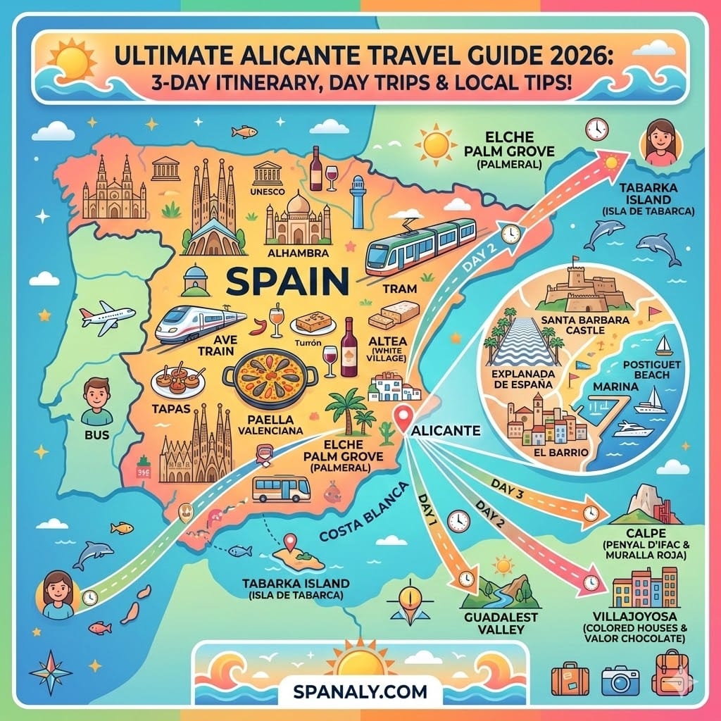 Epic infographic map of Spain highlighting Alicante 3-day itinerary, local landmarks like Santa Barbara Castle, and top day trips for 2026.
