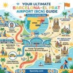 Epic infographic map of Barcelona-El Prat Airport (BCN) featuring Spain map, local landmarks like Sagrada Familia, and transport options.
