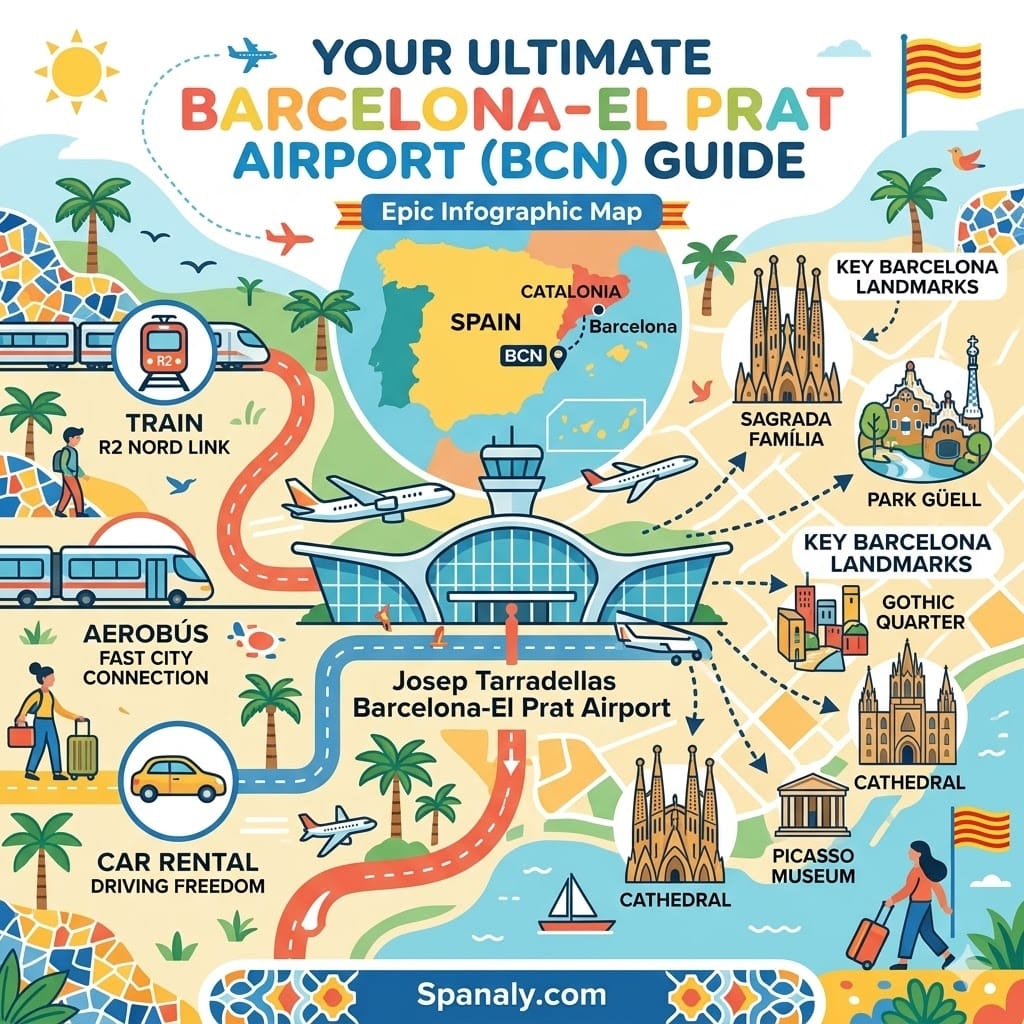 Epic infographic map of Barcelona-El Prat Airport (BCN) featuring Spain map, local landmarks like Sagrada Familia, and transport options.