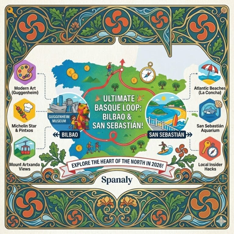 A vibrant square infographic featuring a map of Spain with a focus on the Basque Country, highlighting Bilbao and San Sebastian with iconic symbols like the Guggenheim Puppy and La Concha beach.