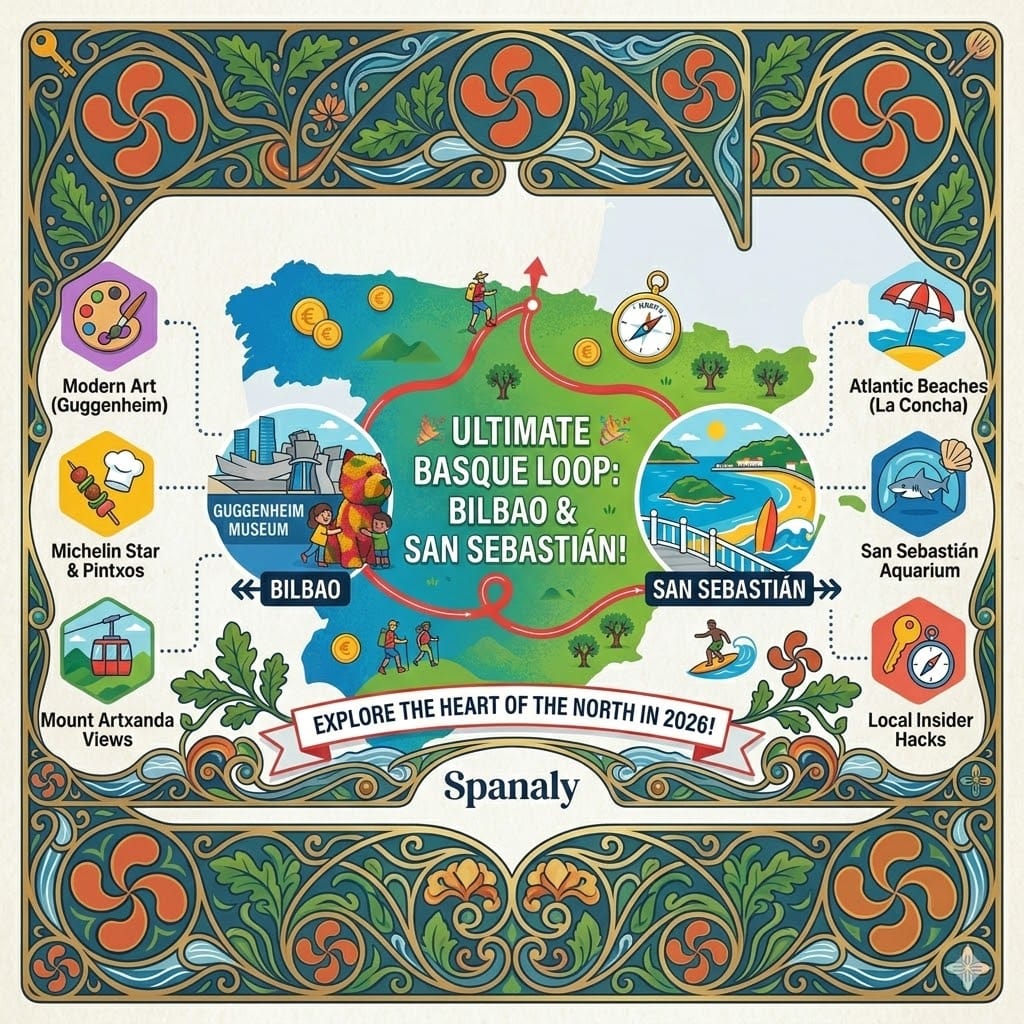 A vibrant square infographic featuring a map of Spain with a focus on the Basque Country, highlighting Bilbao and San Sebastian with iconic symbols like the Guggenheim Puppy and La Concha beach.
