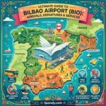 Epic infographic map of Spain highlighting Bilbao Airport (BIO) with icons for arrivals, departures, VIP lounge, bus A3247, and family services.