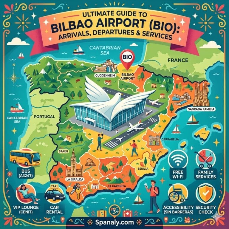Epic infographic map of Spain highlighting Bilbao Airport (BIO) with icons for arrivals, departures, VIP lounge, bus A3247, and family services.