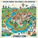 Epic 1024x1024 infographic map of Cuenca, Spain, featuring Casas Colgadas, San Pablo Bridge, and local delicacies like Resoli and Morteruelo for a 3-day adventure.
