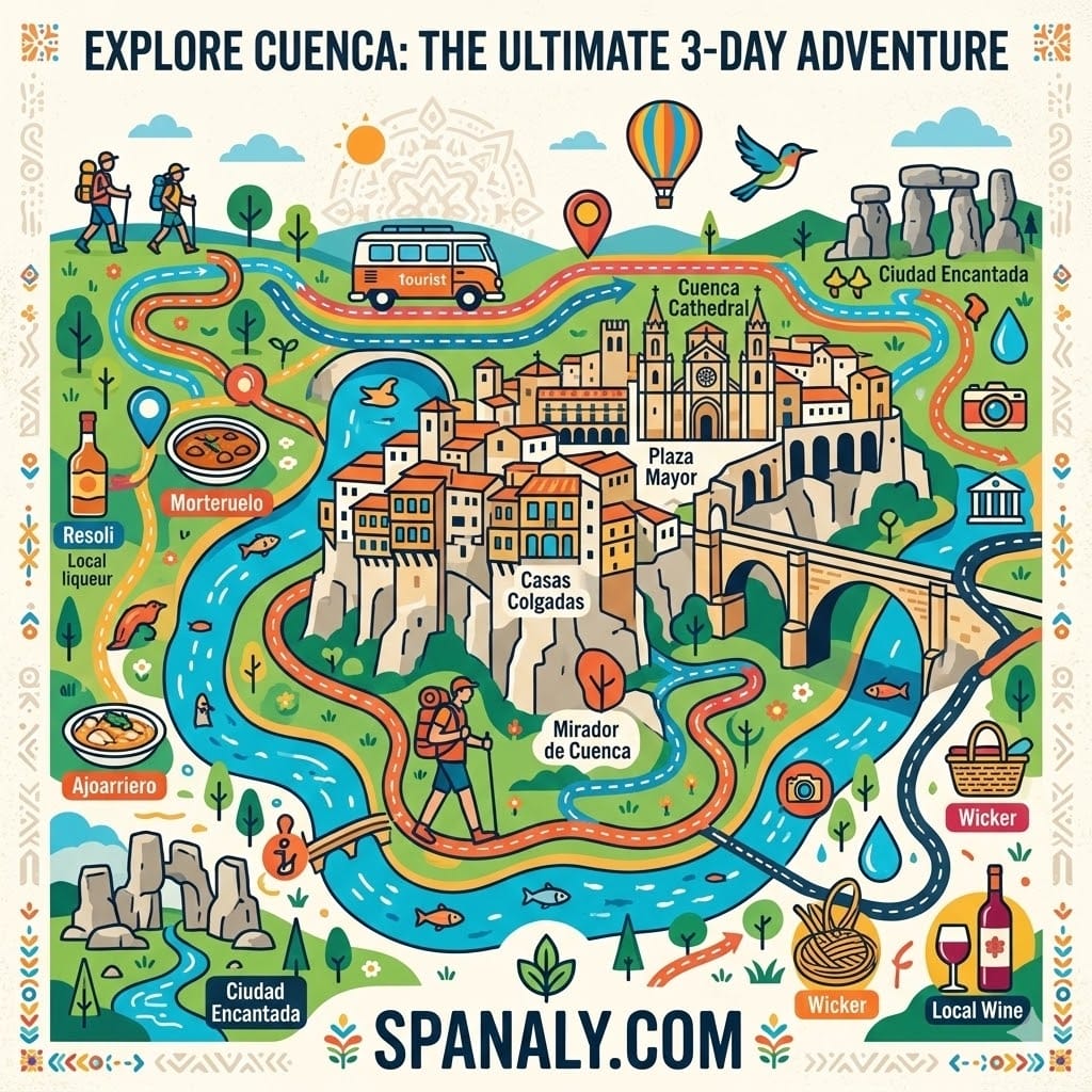 Epic 1024x1024 infographic map of Cuenca, Spain, featuring Casas Colgadas, San Pablo Bridge, and local delicacies like Resoli and Morteruelo for a 3-day adventure.