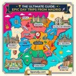 A colorful epic infographic map of Spain highlighting Madrid as a central hub with connecting routes to Toledo, Segovia, Ávila, Aranjuez, and Alcalá de Henares for the best day trips.