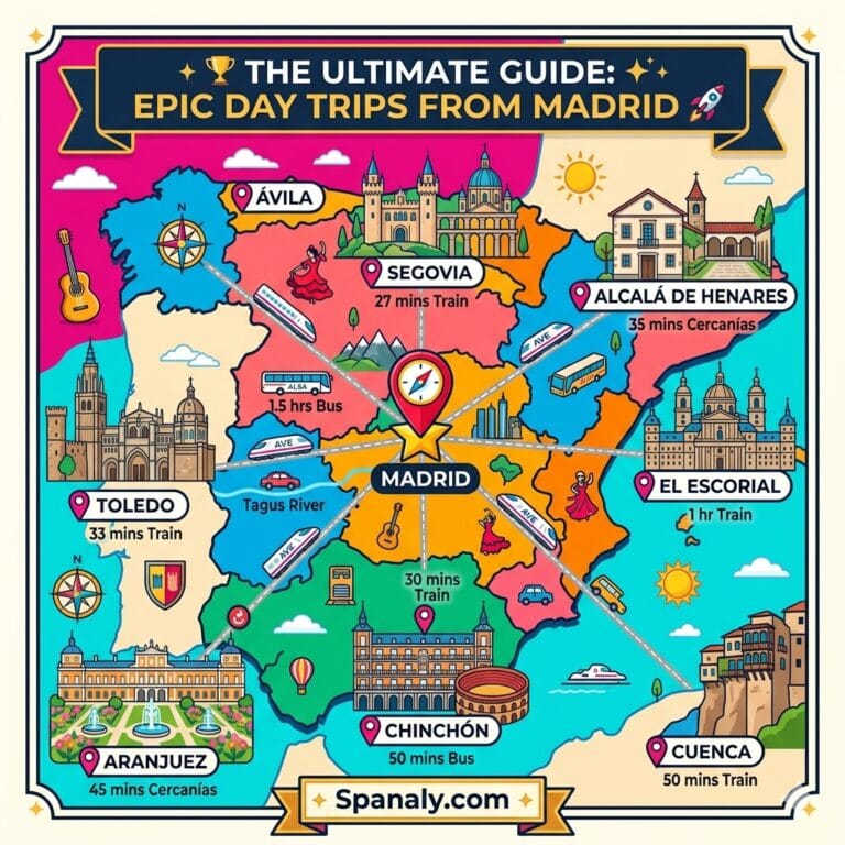 A colorful epic infographic map of Spain highlighting Madrid as a central hub with connecting routes to Toledo, Segovia, Ávila, Aranjuez, and Alcalá de Henares for the best day trips.