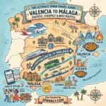 Epic infographic map showing travel routes from Valencia to Malaga by train, plane, bus, and car.
