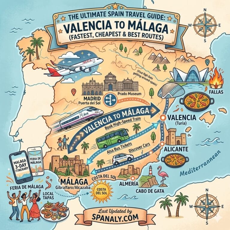 Epic infographic map showing travel routes from Valencia to Malaga by train, plane, bus, and car.
