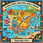 An epic infographic map of Spain highlighting Ronda with vibrant icons of Puente Nuevo, Plaza de Toros, Jamon Iberico, and transport elements like the AVE train and bus, featuring Spanaly.com branding.