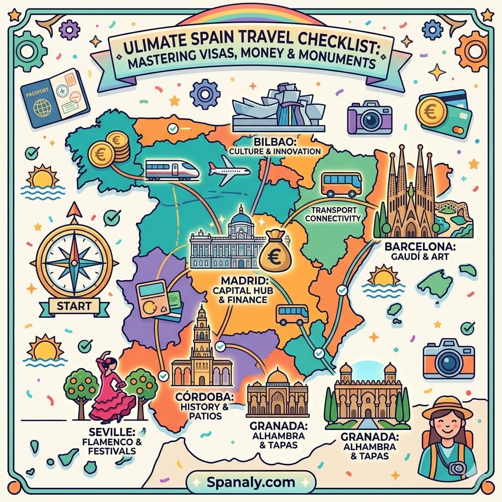 An epic infographic map of Spain for travel planning, featuring iconic landmarks like Sagrada Familia in Barcelona, Alhambra in Granada, and Madrid's Royal Palace, combined with checklist icons for visas, money, and transport by Spanaly.com.