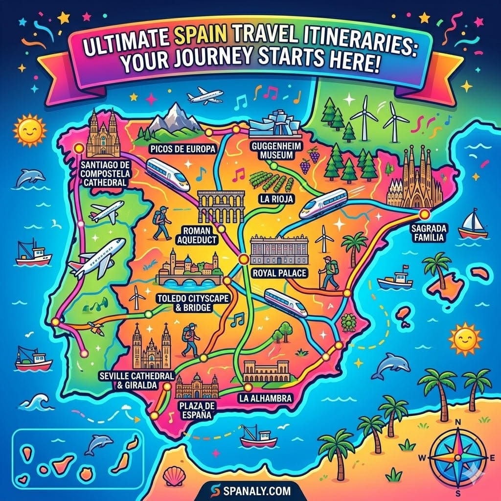 Vibrant epic infographic map showing ultimate Spain travel itineraries with route lines connecting Madrid, Barcelona, Seville, and Bilbao. Features iconic landmarks like Sagrada Família, Alhambra, and Royal Palace by Spanaly.com.