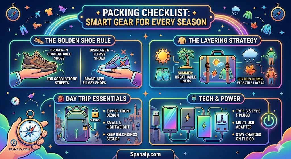 Vibrant infographic checklist for packing for Spain, featuring the Golden Shoe Rule for cobblestones, seasonal layering strategy for summer and spring, anti-theft day trip backpacks, and Type C/F tech adapters by Spanaly.com.