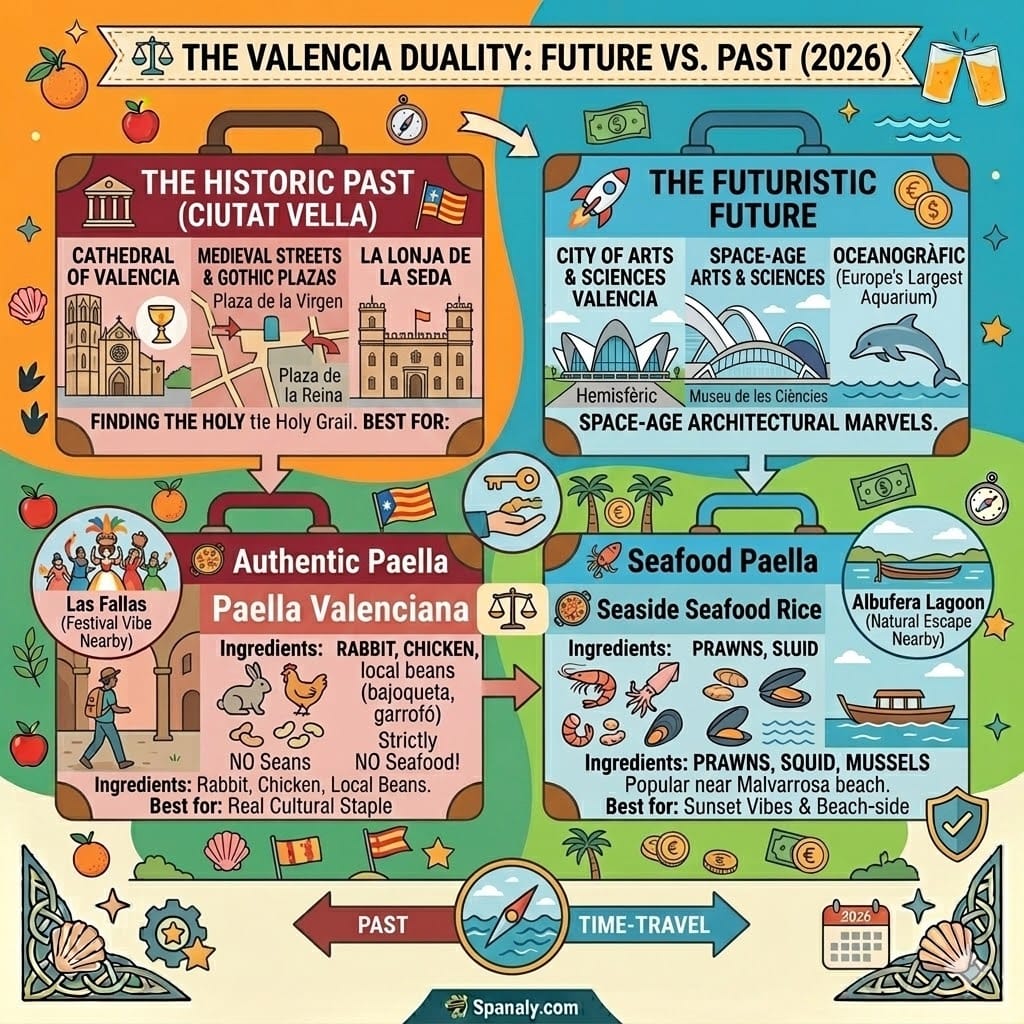 A side-by-side comparison infographic of Valencia's duality. The left side features the historic Old Town (Ciutat Vella) with the Cathedral and authentic meat Paella. The right side showcases the futuristic City of Arts and Sciences with modern architecture and seaside seafood rice.