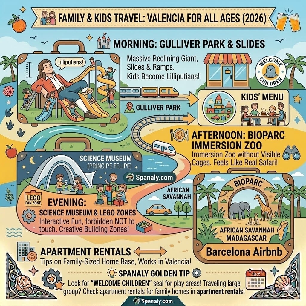 A cheerful family travel infographic for Valencia in 2026. Highlights include Gulliver Park slides, Bioparc safari, interactive Science Museum, and the Welcome Children restaurant seal. Vibrant and playful design.