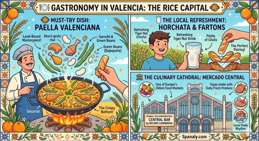 A colorful infographic about Valencia gastronomy featuring authentic Paella Valenciana with Socarrat, refreshing Horchata with Fartons, and the Mercado Central food market by Spanaly.com.