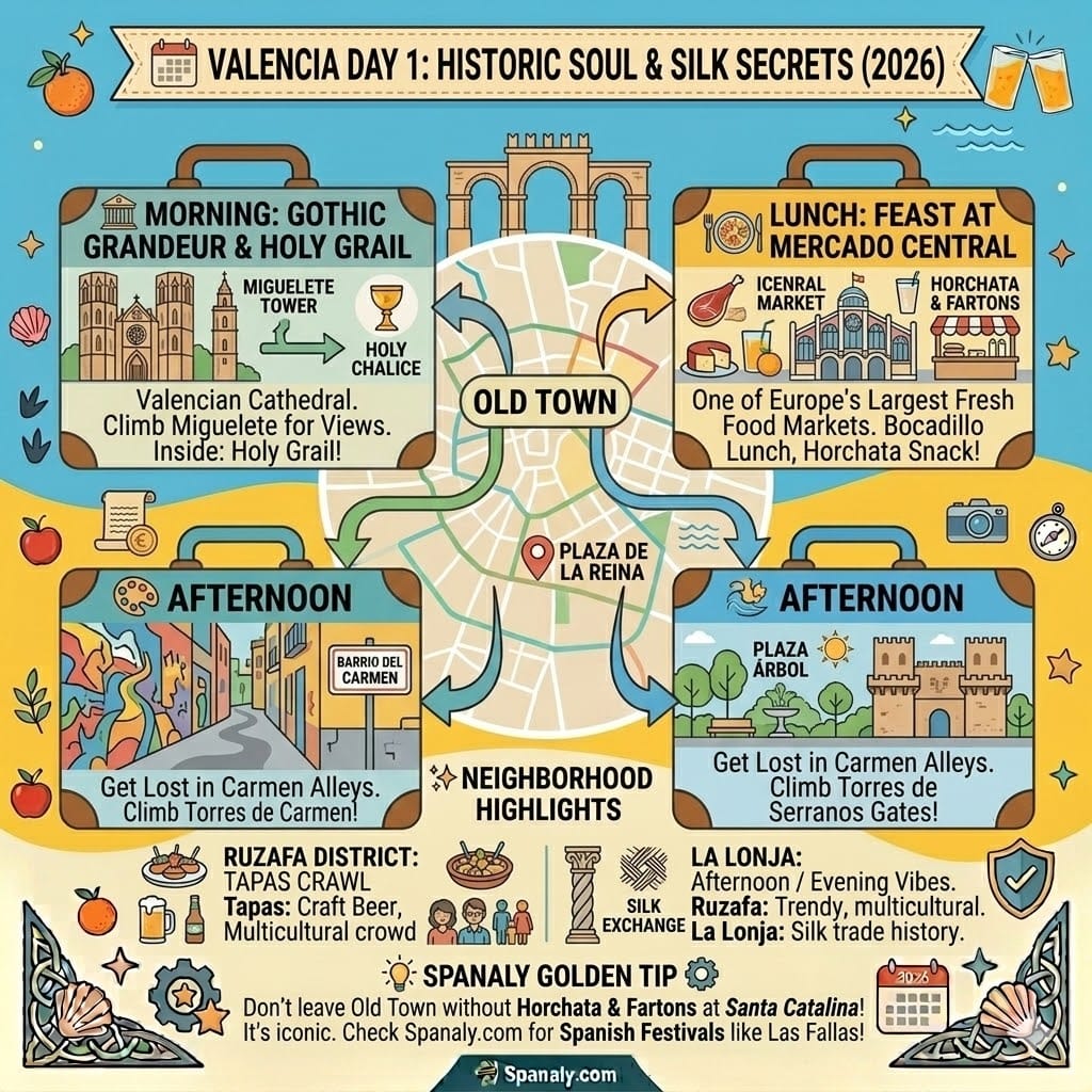 A minimalist and colorful 4-panel infographic for Valencia Day 1. Icons for the Cathedral (Holy Grail), Central Market feast, Barrio del Carmen street art, and the Ruzafa tapas district. Cheerful Mediterranean style.