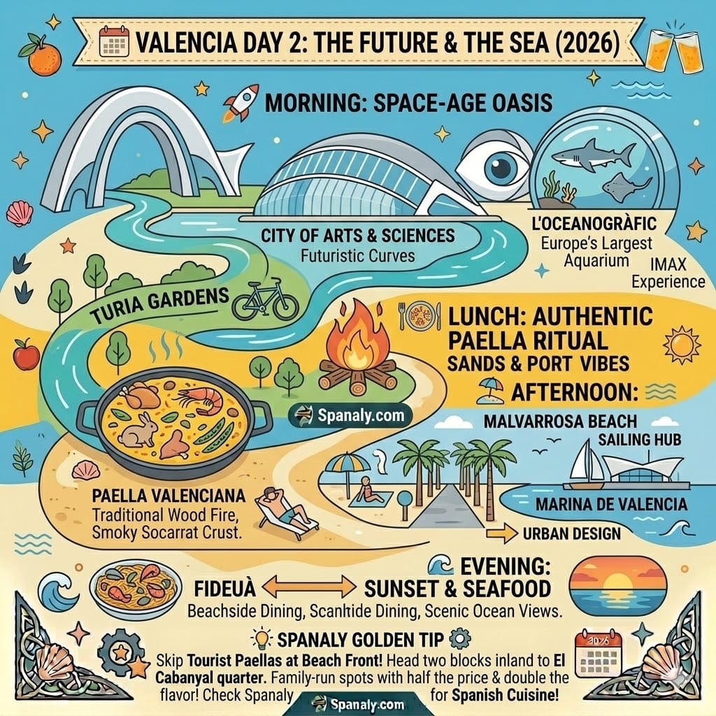 A dynamic and colorful flow-style infographic for Valencia Day 2. Visual path showing the futuristic City of Arts and Sciences, a traditional wood-fired Paella Valenciana, and the Mediterranean sunset over Malvarrosa Beach.