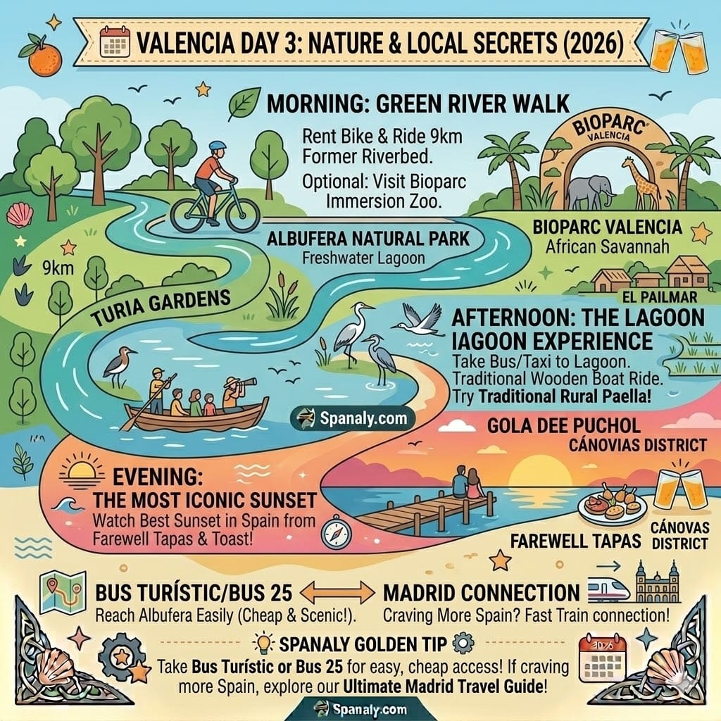 A flow-style colorful infographic for Valencia Day 3. Visual path showing cycling in Turia Gardens, a traditional boat ride in Albufera Natural Park, and the iconic sunset at Gola de Puchol. Vibrant and nature-focused design.