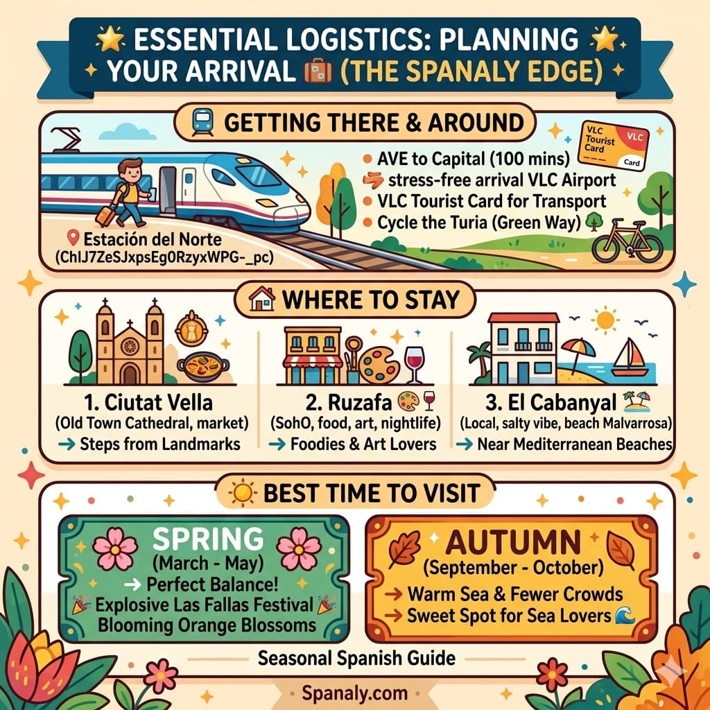 Colorful infographic of Valencia travel logistics featuring AVE train at Estación del Norte, VLC Tourist Card, best areas to stay (Ciutat Vella, Ruzafa, El Cabanyal), and best time to visit by Spanaly.com.