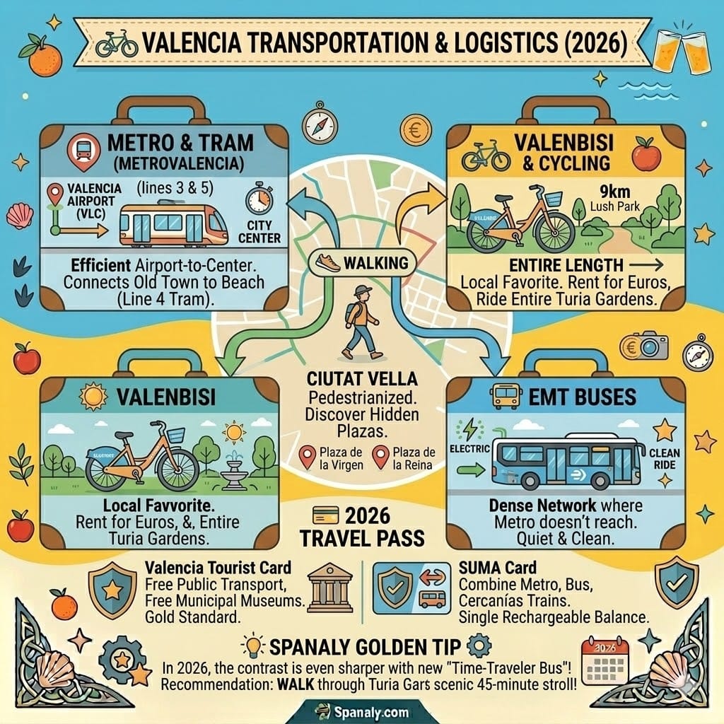 A colorful and simple infographic showing transportation options in Valencia for 2026. Icons for Metrovalencia, Valenbisi cycling in Turia Gardens, walking in the Old Town, and electric EMT buses, including the SUMA and Tourist travel passes.