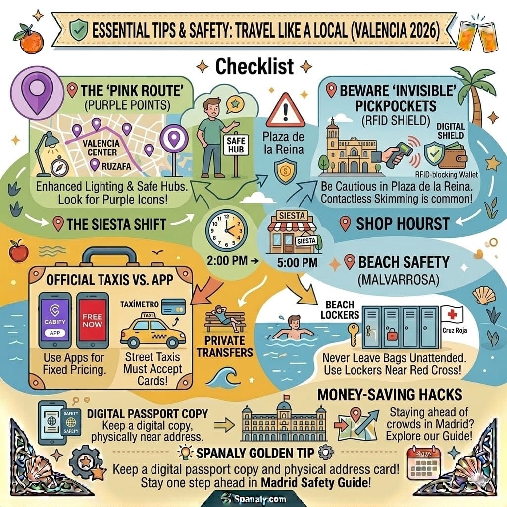 A colorful safety checklist infographic for Valencia. Visual icons showing the Pink Route/Purple Points for solo travelers, RFID protection against digital pickpockets, Siesta shop hours, beach locker locations, and official taxi apps like Cabify and Free Now.