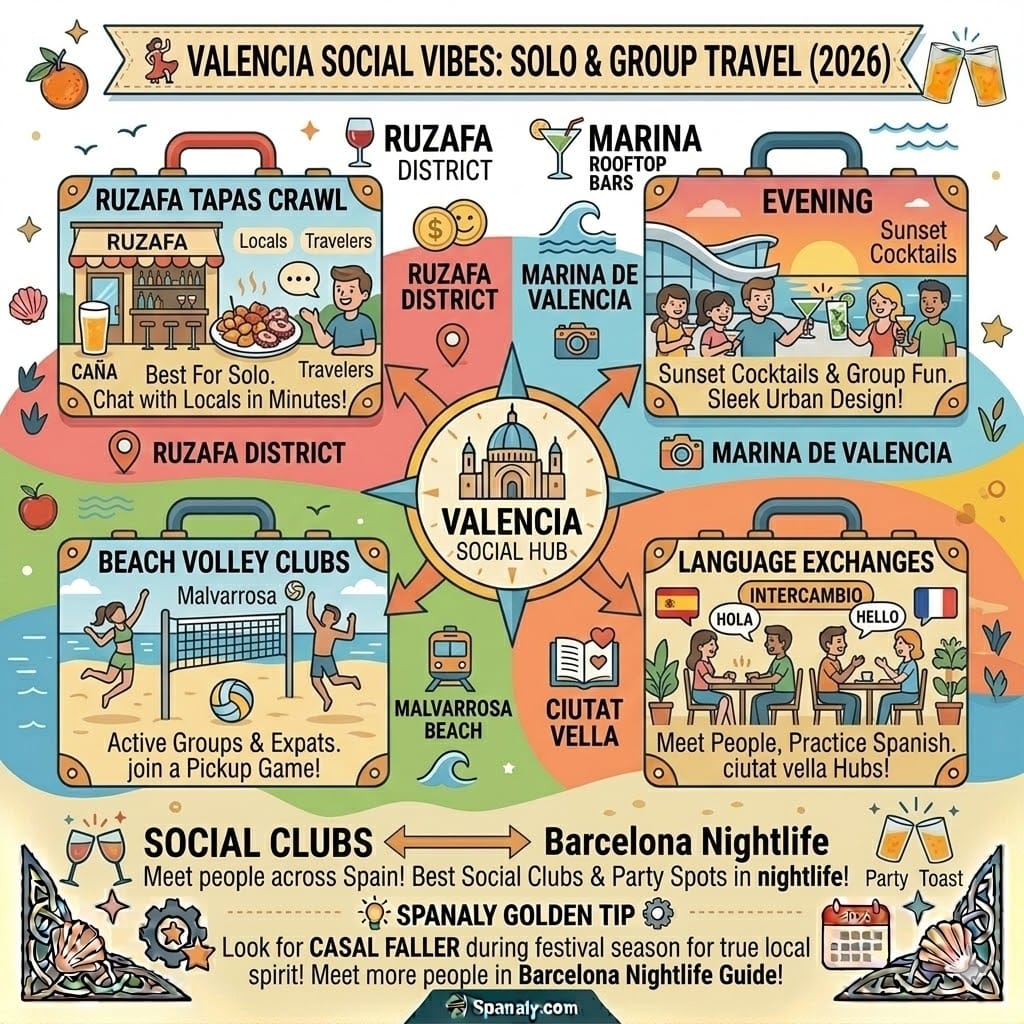A clean, white-background infographic for Valencia social activities. Features colorful icons for Ruzafa tapas, Marina rooftop bars, language exchanges in Old Town, and beach volleyball at Malvarrosa. Modern and minimalist design.