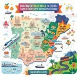 An epic infographic map of Spain focusing exclusively on Valencia in 2026. The Valencia region is highlighted with colorful icons for Paella, Horchata, Oranges, Las Fallas, City of Arts and Sciences, and Malvarrosa Beach. Winding travel paths with train and bus icons are shown. The title reads 'DISCOVER VALENCIA IN 2026: YOUR ULTIMATE EPIC INFOGRAPHIC GUIDE!'. 'Spanaly.com' text is at the bottom.