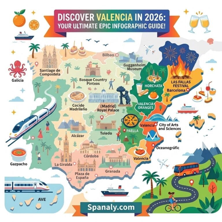 An epic infographic map of Spain focusing exclusively on Valencia in 2026. The Valencia region is highlighted with colorful icons for Paella, Horchata, Oranges, Las Fallas, City of Arts and Sciences, and Malvarrosa Beach. Winding travel paths with train and bus icons are shown. The title reads 'DISCOVER VALENCIA IN 2026: YOUR ULTIMATE EPIC INFOGRAPHIC GUIDE!'. 'Spanaly.com' text is at the bottom.