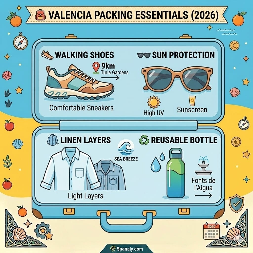 A flat vector illustration of a travel suitcase for Valencia in 2026. Includes walking shoes for Turia Gardens, UV sun protection, light linen layers for sea breezes, and a reusable water bottle for city fountains.