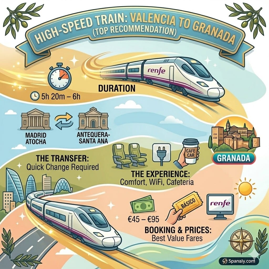 Infographic guide for AVE high-speed train from Valencia to Granada, showing duration, transfers, and booking tips.