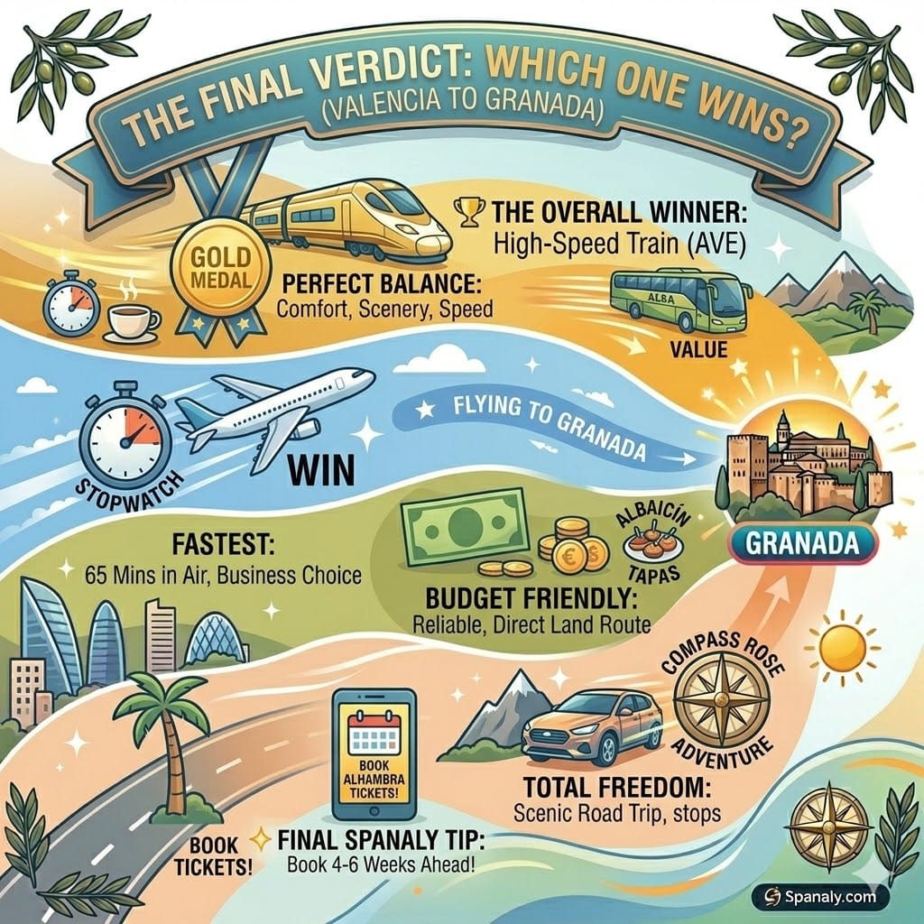 Summary infographic of the best ways to travel from Valencia to Granada: Train, Plane, Bus, and Car.