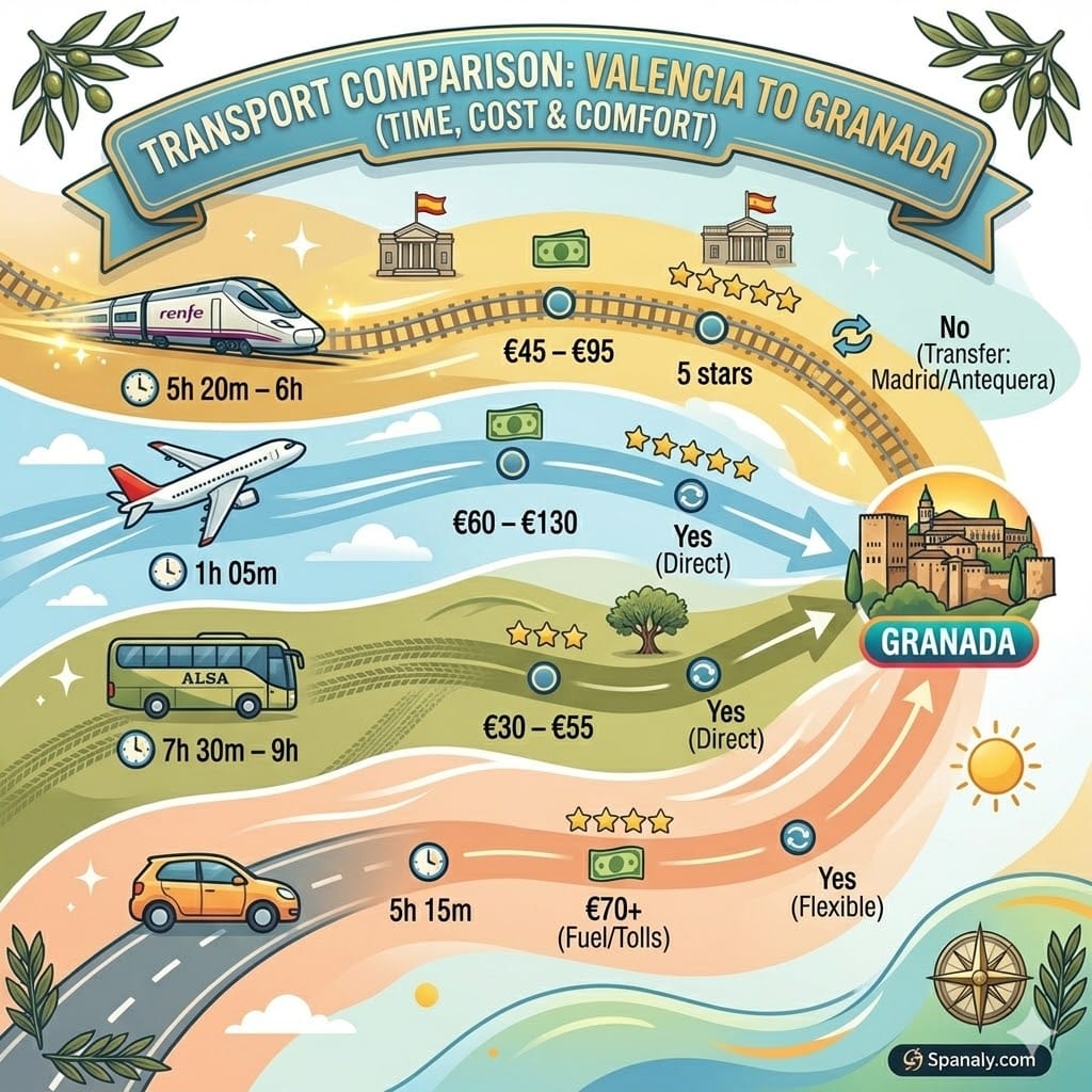 Comparison infographic of travel options from Valencia to Granada by train, plane, bus, and car.