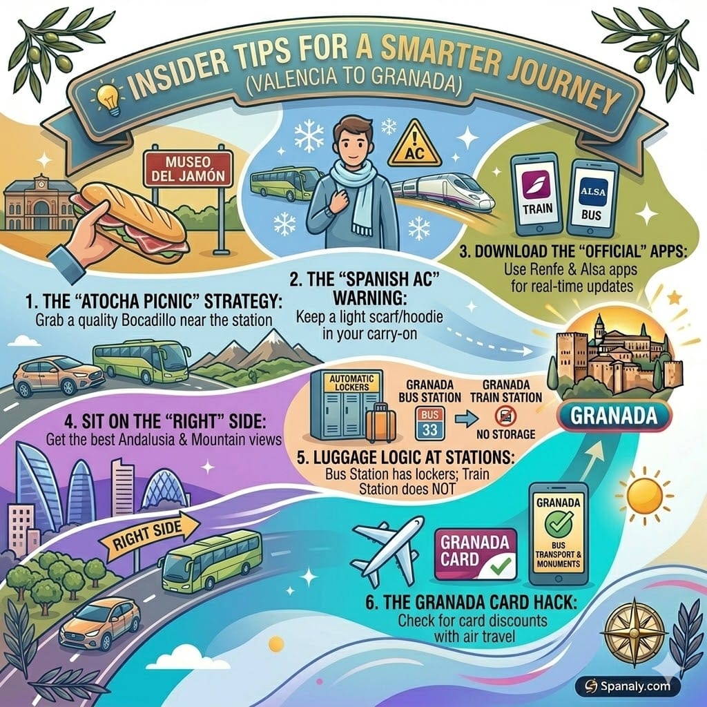 Travel tips infographic for Valencia to Granada trip, including food, luggage, and transport hacks.