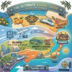 Epic infographic map showing travel routes from Valencia to Granada with icons for train, bus, flight, and car.