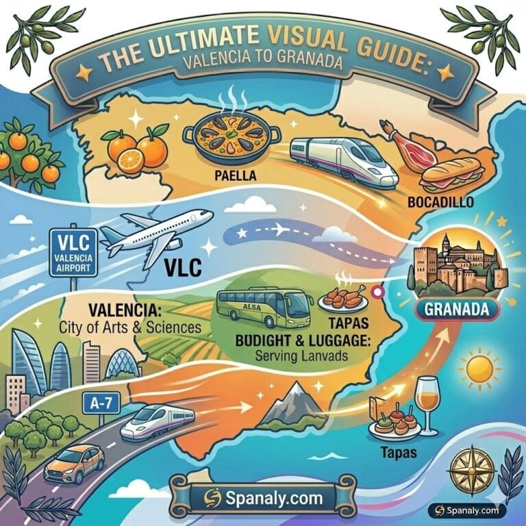 Epic infographic map showing travel routes from Valencia to Granada with icons for train, bus, flight, and car.
