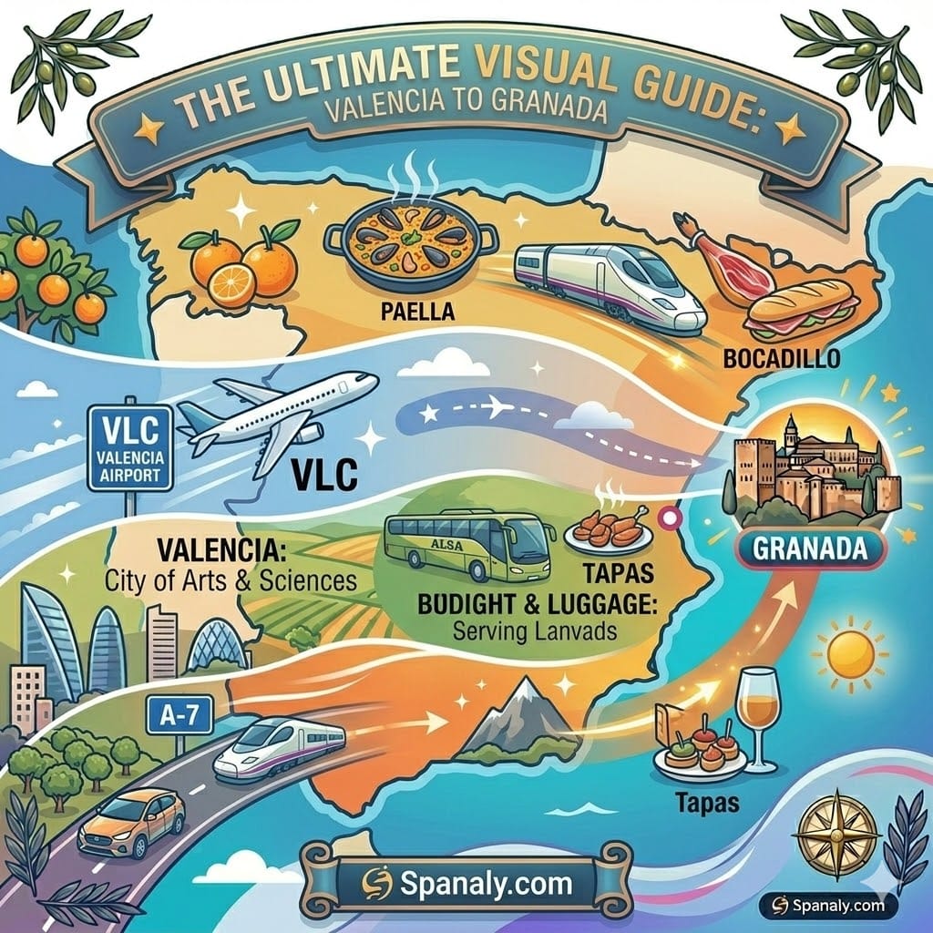 Epic infographic map showing travel routes from Valencia to Granada with icons for train, bus, flight, and car.