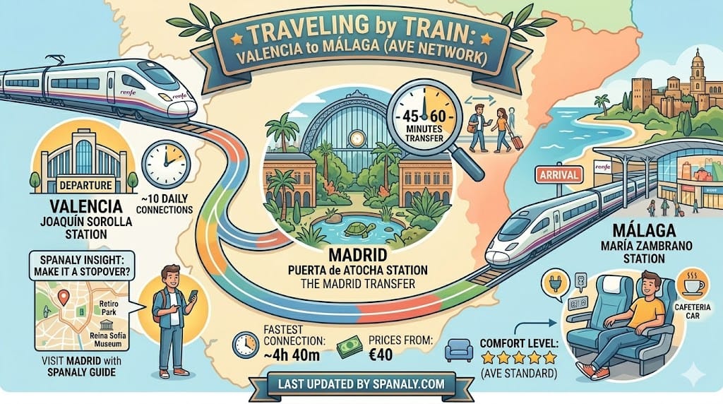 AVE high-speed train route from Valencia to Malaga via Madrid Atocha station with travel tips.