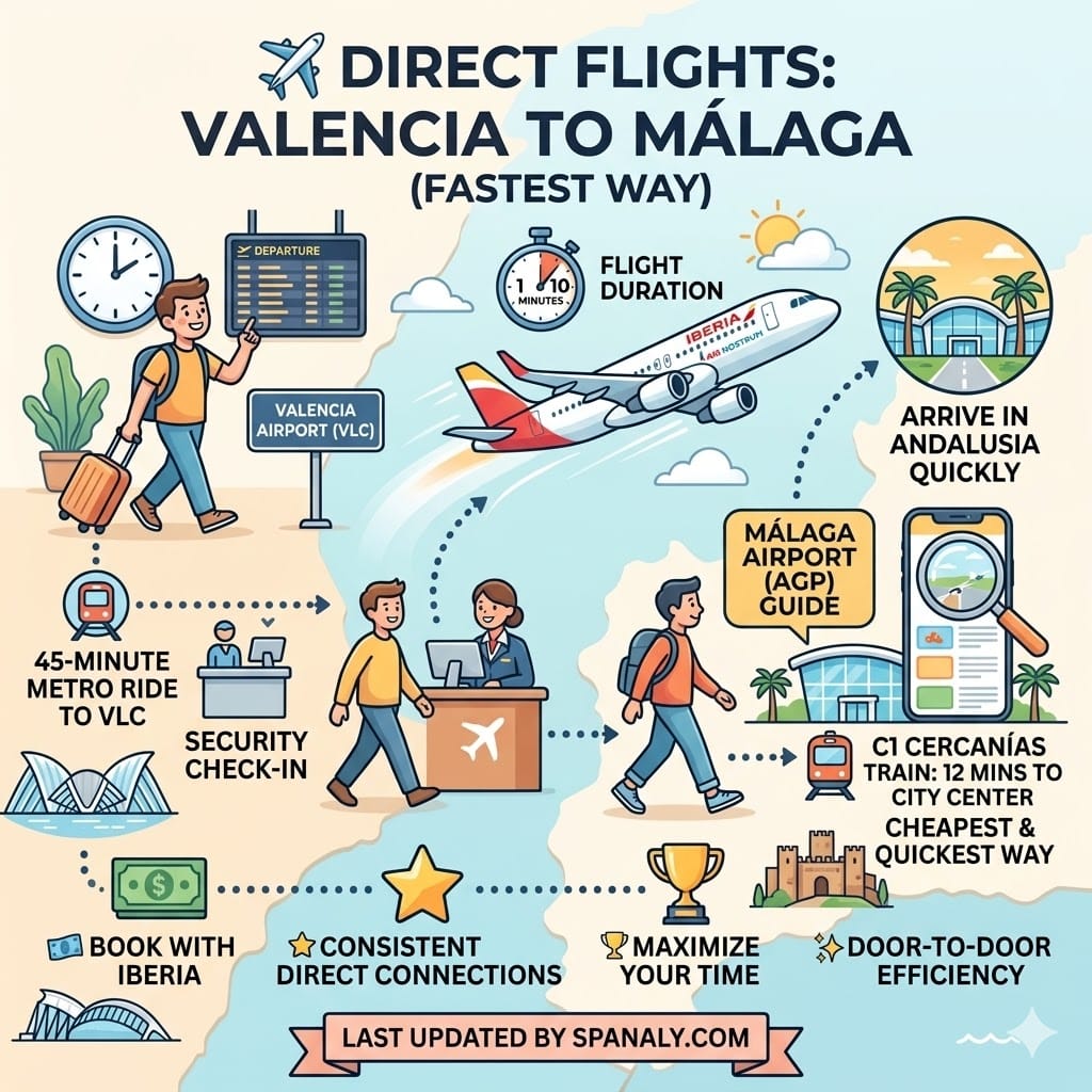 Direct flight details from Valencia VLC to Malaga AGP with Iberia and Air Nostrum.