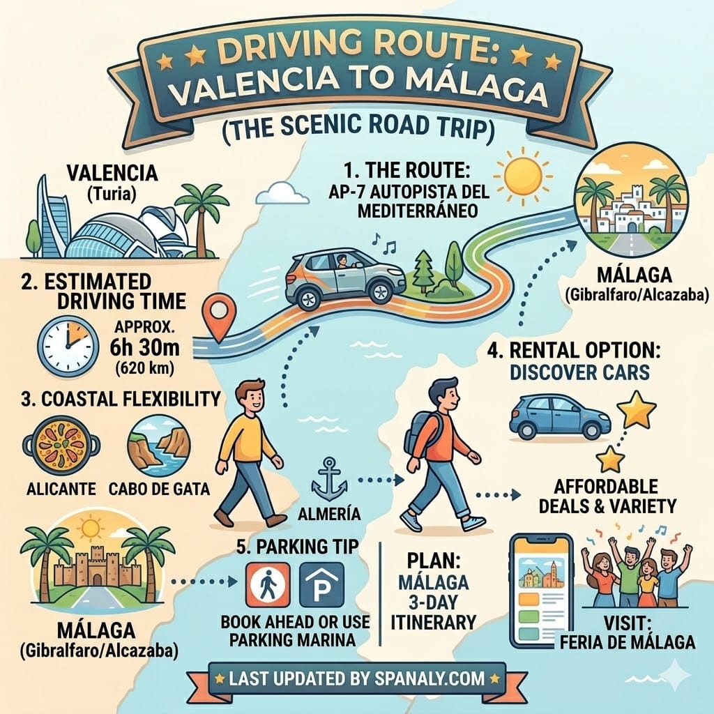 Scenic driving route map from Valencia to Malaga via AP-7 highway with road trip tips.