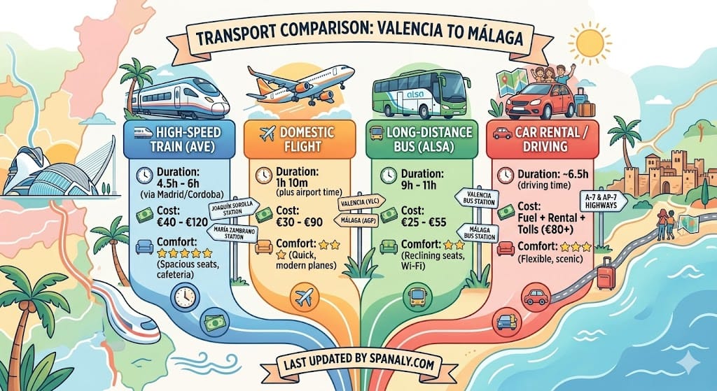 Comparison of train, flight, bus, and car travel options from Valencia to Malaga with time and cost icons.