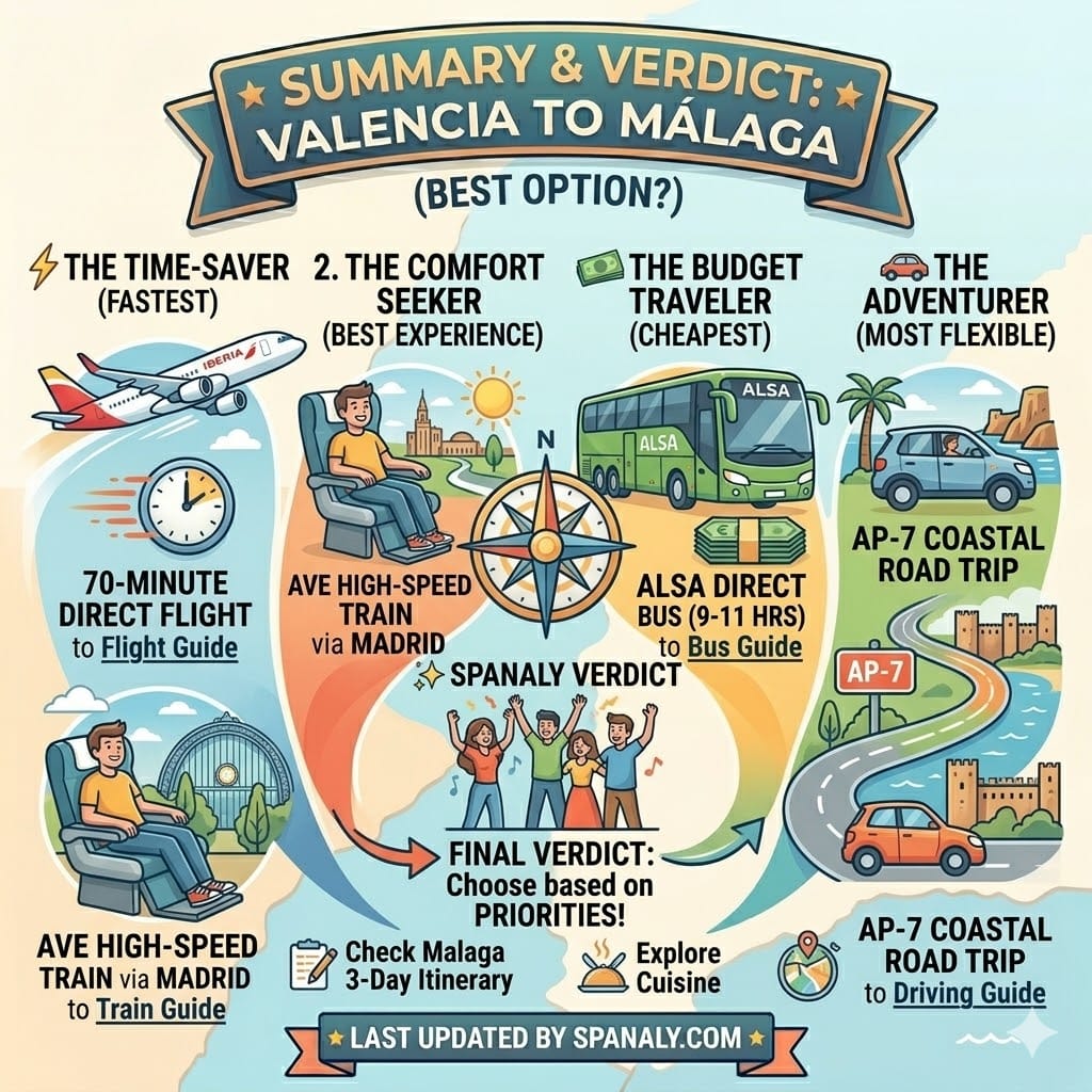 Final travel comparison and verdict for Valencia to Malaga trips including flight, train, bus, and car options.