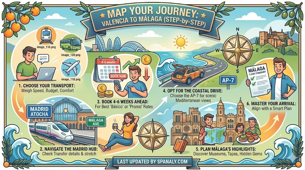 Step-by-step travel planning infographic from Valencia to Malaga including train, flight, and driving tips.