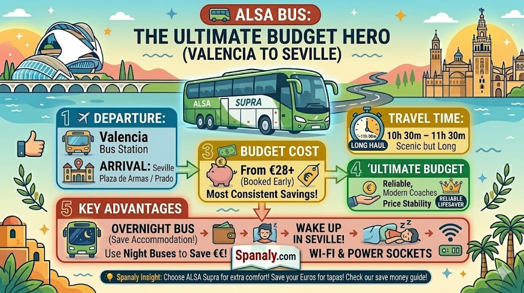 Budget-friendly ALSA bus route from Valencia to Seville.
