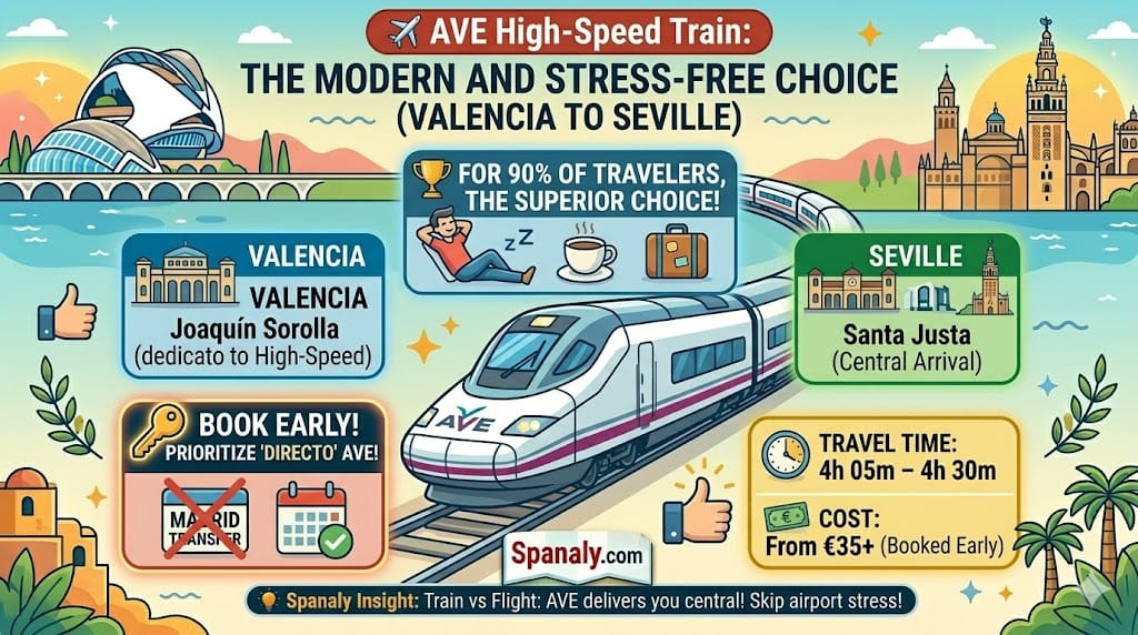 A simplified square infographic from Spanaly.com detailing the high-speed AVE train between Valencia and Seville. It features a decision matrix for different priorities like speed, cost, and comfort. and detailed sections on the departure station, arrival station, travel time, and cost. including gold, silver, and bronze medals for top categories and the Spanaly.com logo. The vector style is colorful and easy to read.