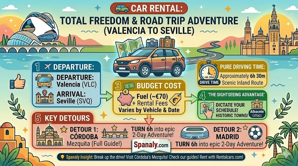 Driving route and car rental guide from Valencia to Seville.