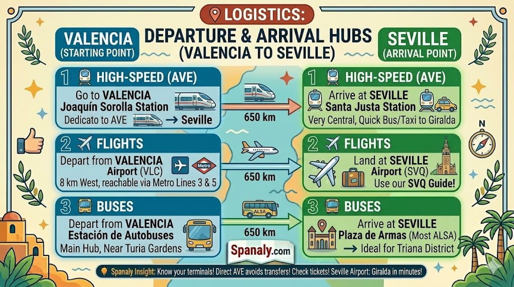 Map of departure and arrival stations in Valencia and Seville.