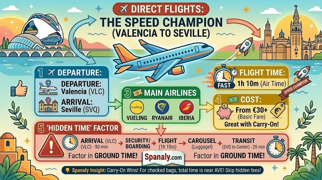Direct flights from Valencia VLC to Seville SVQ airports.